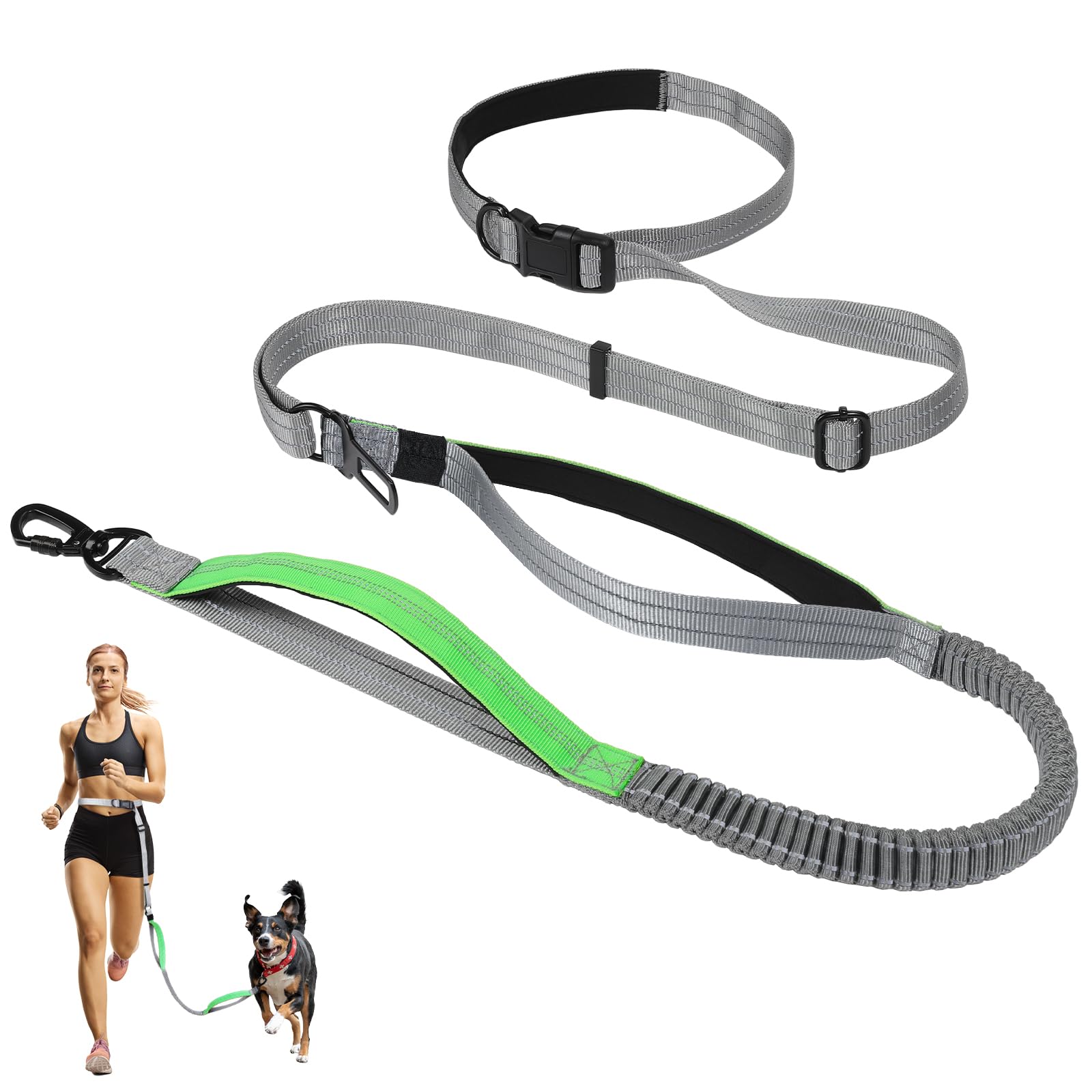 Tivray Hands Free Dog Leash, 8.2 FT Waist Leash for Walking, Jogging, Hiking, Adjustable Crossbody Belt with Double Padded Handles, Bungee Car Seatbelt Design for Medium Large Dogs, Gray + Green