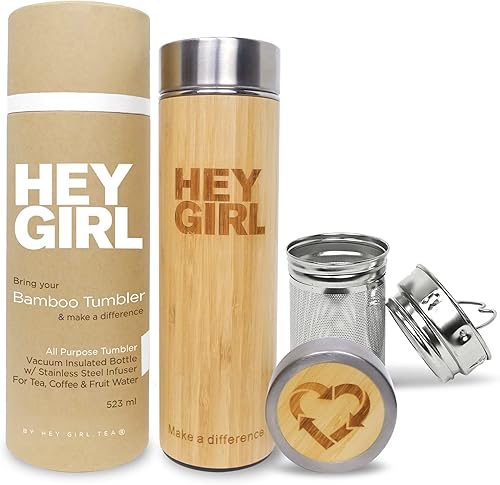 Hey Girl - Botella infusora de té de bambú con colador de té, botella de agua aislada de acero inoxidable para té y café de hojas sueltas, vaso de