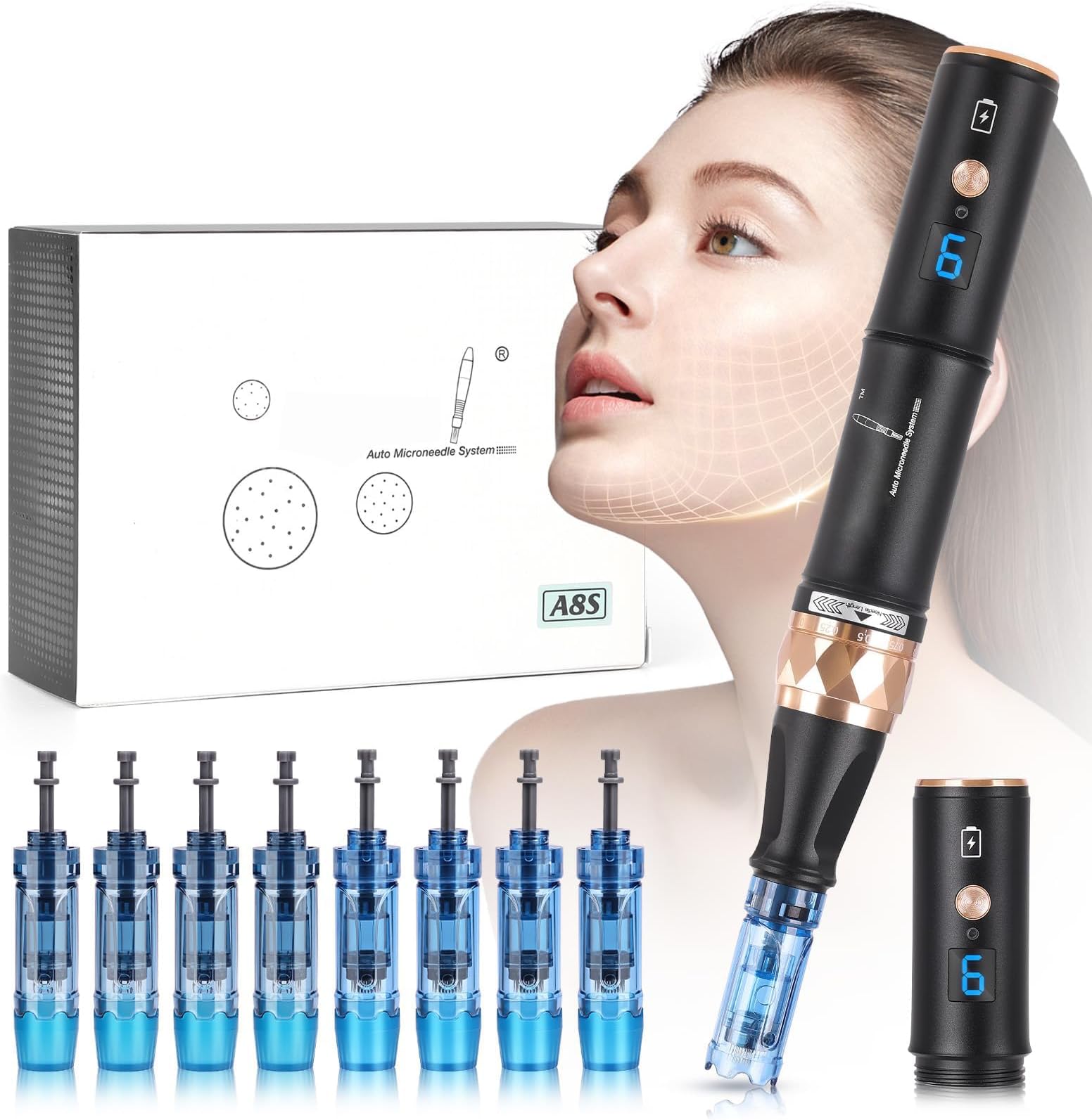 Yofuly Professional Derma Pen A8S, Wireless Dr.pen A8S with 6 Speeds, Electric Dermapen with 8pcs Cartridges Replacement (12PIN 36PIN), 0.25-2.5mm Adjustable