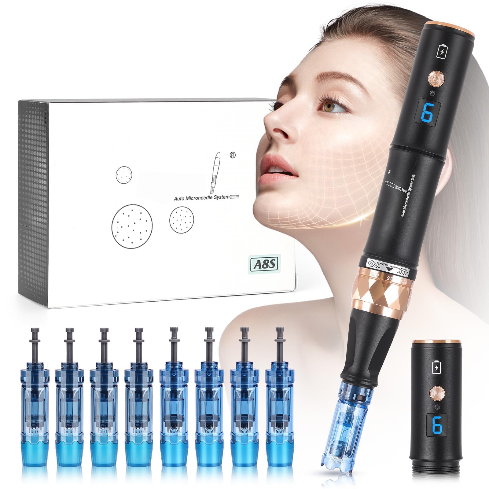 Yofuly Professional Derma Pen A8S, Wireless Dr.pen A8S with 6 Speeds, Electric Dermapen with 8pcs Cartridges Replacement (12PIN 36PIN), 0.25-2.5mm Adjustable