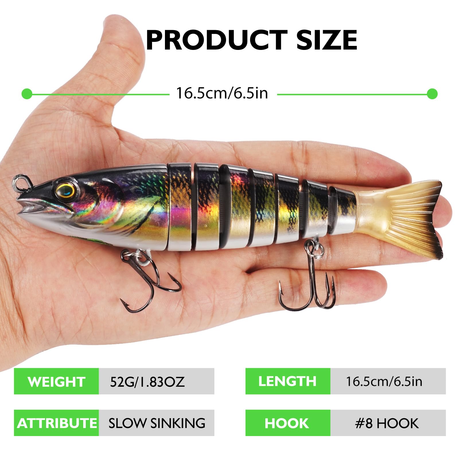 FONMANG SWIMPRO Swimbaits – Leurres de pêche au brochet du Nord – 16,5 cm – Appâts glissants pour la pêche au bar – 3 appâts multi-articulés – Leurres musqués avec finition bionique holographique 3D