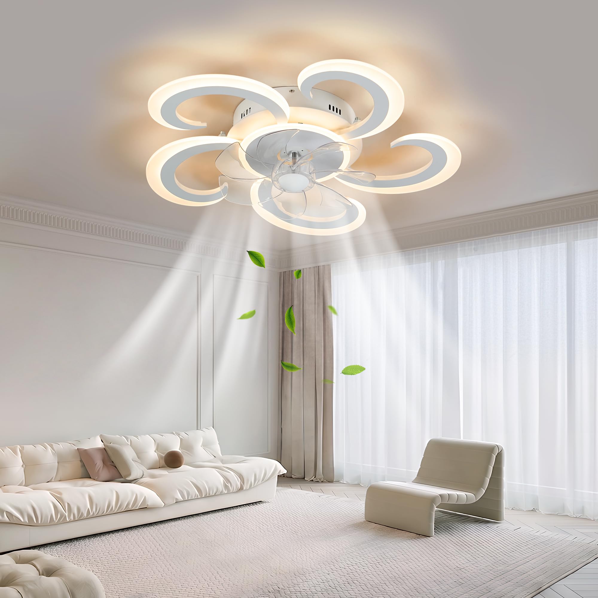 Ventilatori da Soffitto con Luce e Telecomando, Lampadario con Ventilatore da Soffitto, Lampadario LED Dimmerabile 3000K-6000K, 50W(37W+13W) 3600Lumens, Ventilatore a Soffitto con Luce, 62cm