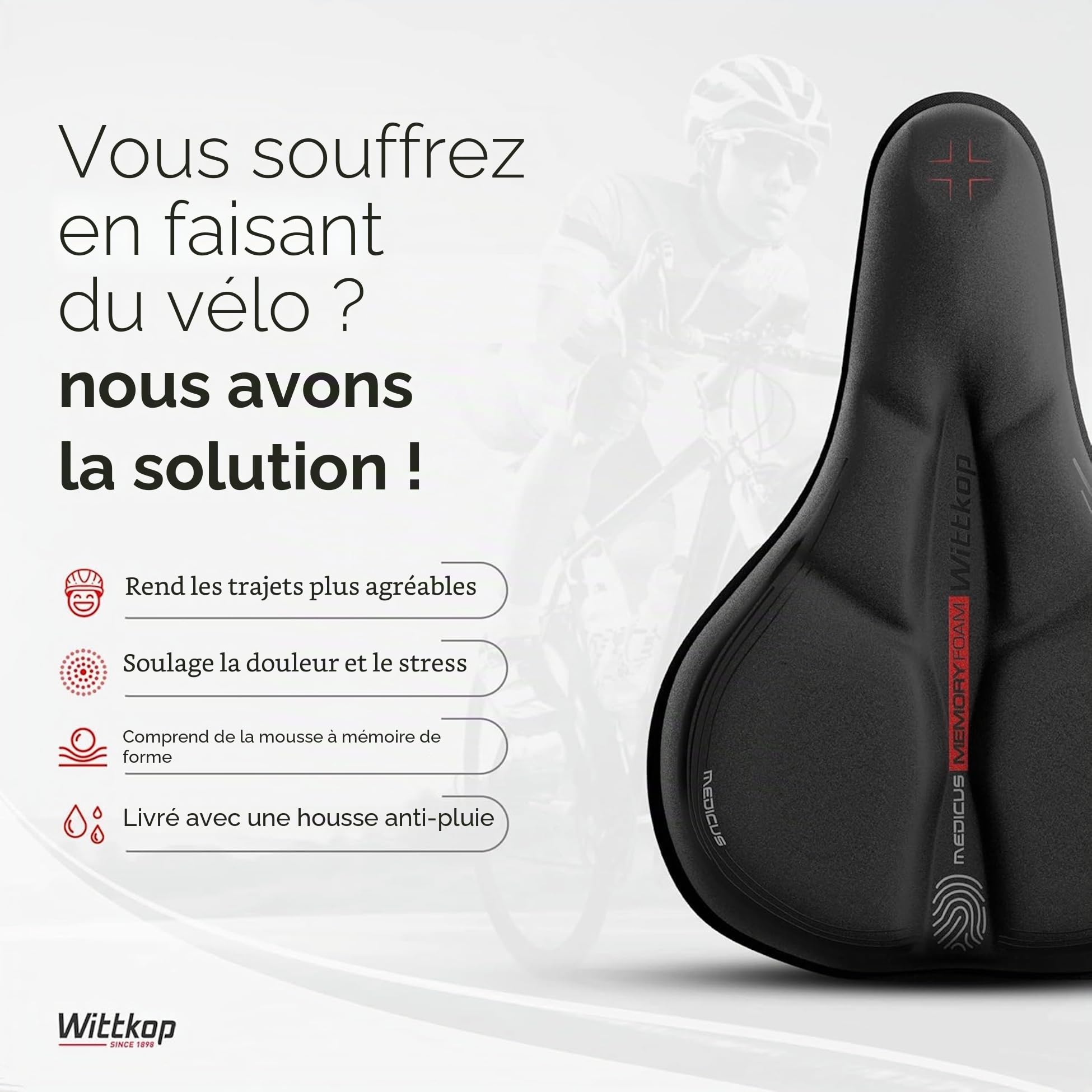 WITTKOP Coussin de Selle de vélo en Mousse à mémoire de Forme Confortable I Housse de Selle de vélo pour Hommes et Femmes avec Concept Ergonomique à 3 Zones