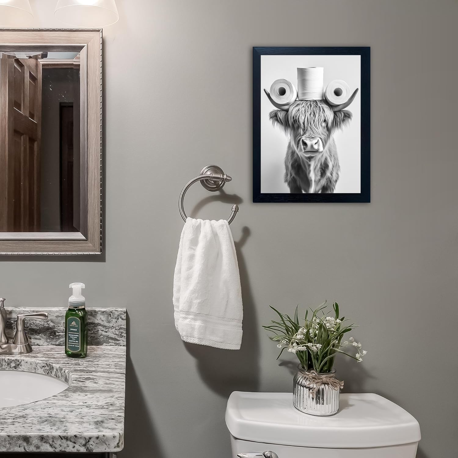 Funny Highland Cow Bathroom Wall Art with Toilet Paper on Head, Humorous Farmhouse Sign for Bathroom Decor, Rustic Black Framed Canvas Print for Restroom Toilet, Ready to Hang 16"x20"
