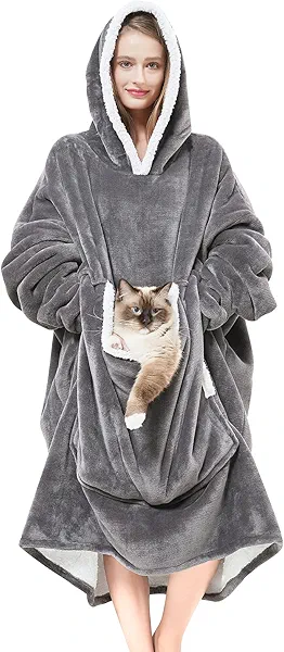 Cozystar Wearable Blanket Hoodie with Giant Pocket （Pet Won't Leave） Extra Soft Sherpa Fleece Thick Warm ＆ Cozy Oversized Sweatshirt Blanket Jacket with Sleeves-Grey