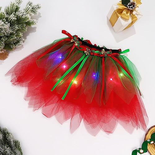 Miniatura 7 de EARENT Falda tutú iluminada de Navidad para niña, campanas de lazo de Navidad, faldas de tul de ballet, disfraz de fiesta de vacaciones, falda de