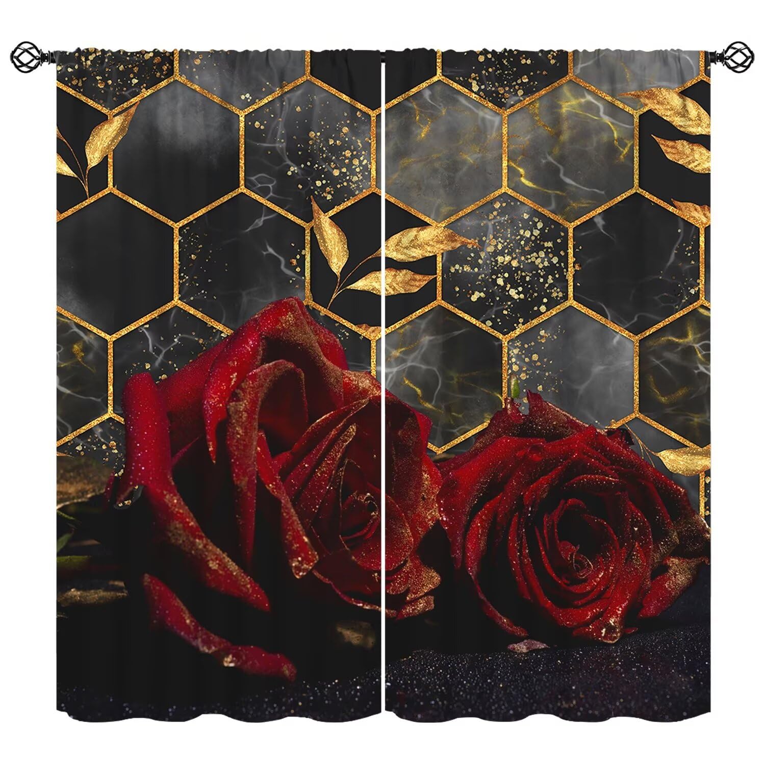 Red Rose Marble Curtains, Gold Red Rose Flower Window Treatments Rustic Retro Golden Leaves Marble Hexagon Texture Blackout Drapes for Bedroom Kitchen Living Room W55xL63in