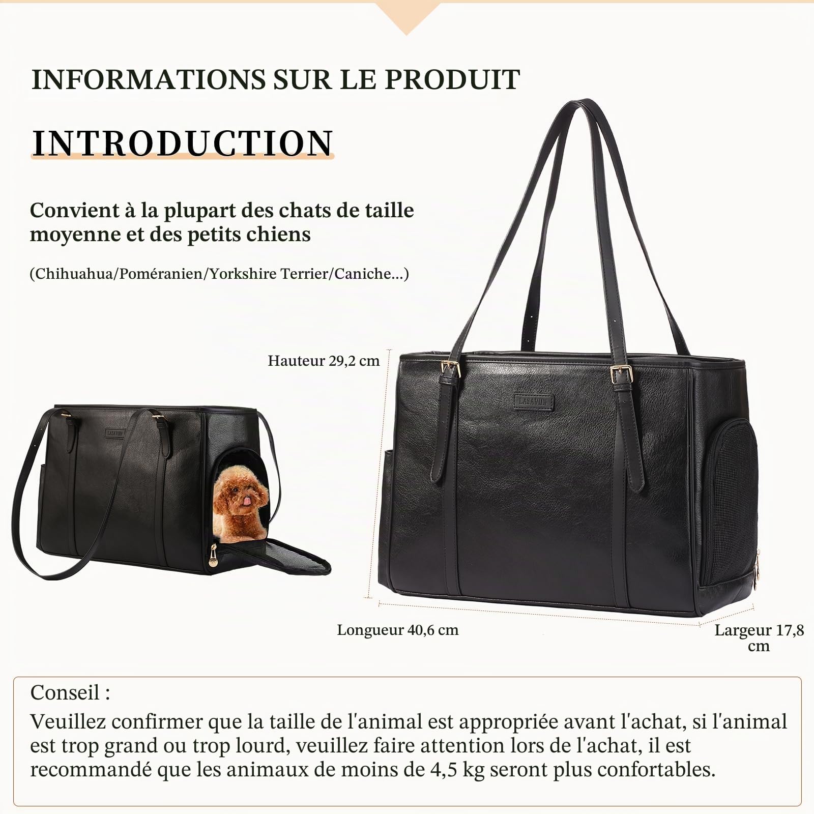 Lasaviin Sac à main tendance en cuir pour petits chiens, chats, chiots, sac fourre-tout portable approuvé par les compagnies aériennes (noir)