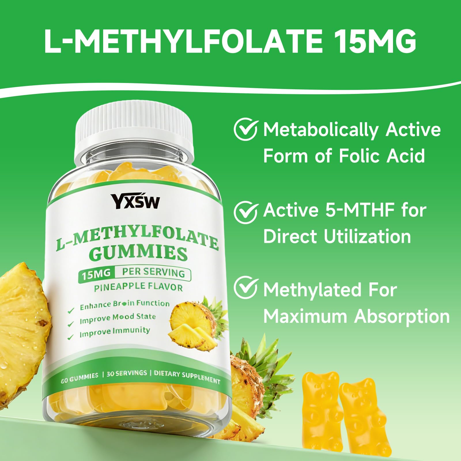 L-Methylfolate Gummies 15mg, Methylfolate Supplement, Folate Supplement for Support Mood, Brain Health, Immune System, Sugar Free, Pineapple Flavor, 60 Count — Amazon image 4