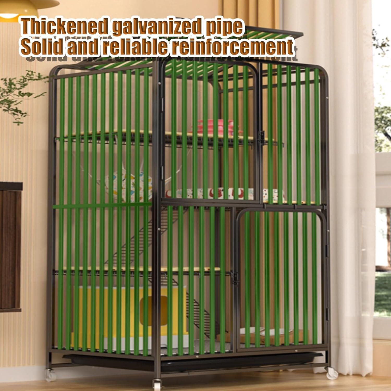 Large Indoor Cat Cage on Wheels with 360° Rotating Casters, Metal Wire Pet Enclosure for Adult Cats, Portable Cat House for Easy Mobility and Comfort