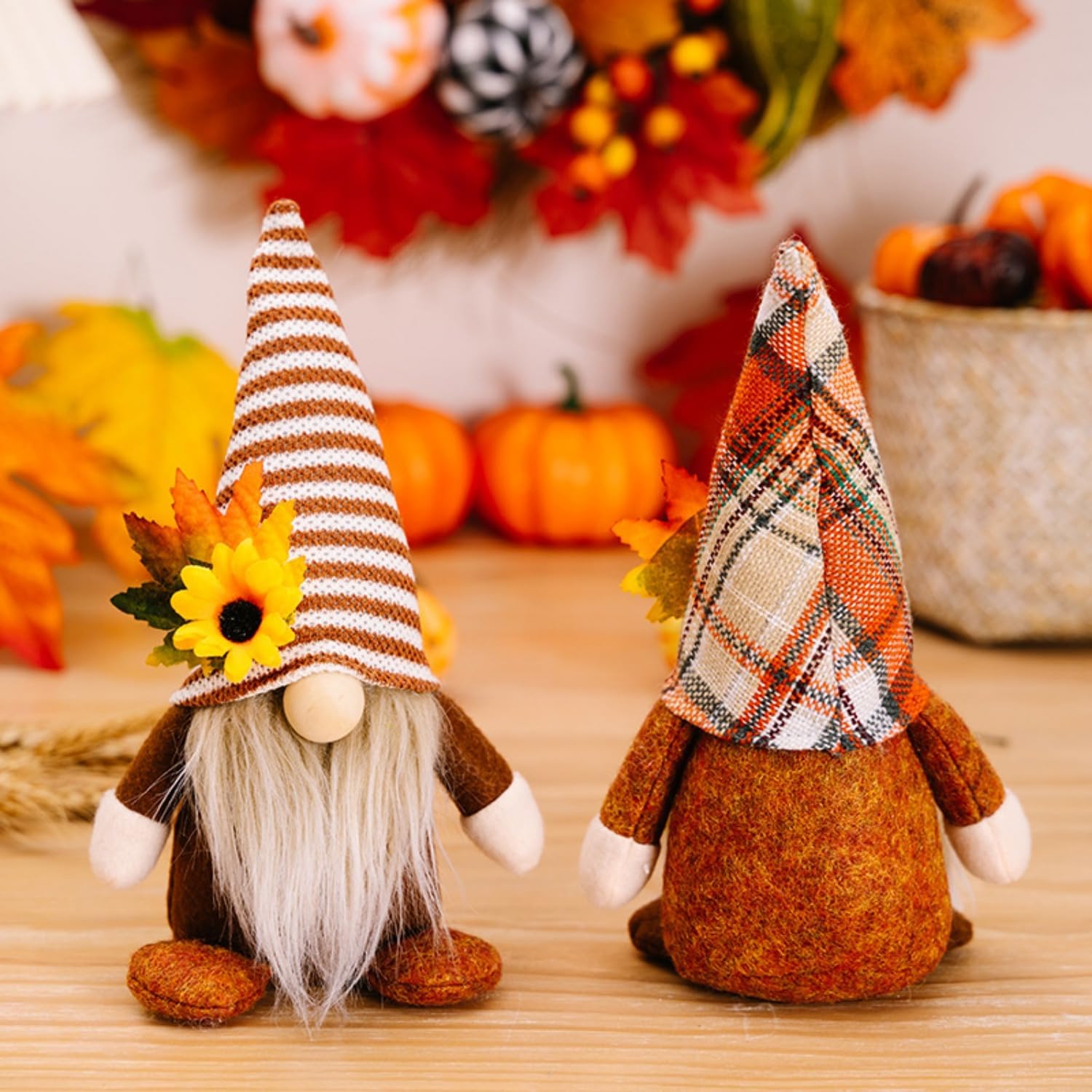2-Pack Fall Gnomes Decor – 8.26" Thanksgiving Harvest Plaid Gnomes with Maple Leaf & Sunflower, Themed Figurines for Autumn Tabletop,Tray Decor (Maple Leaf & Sunflower Gnomes A) - Image 9