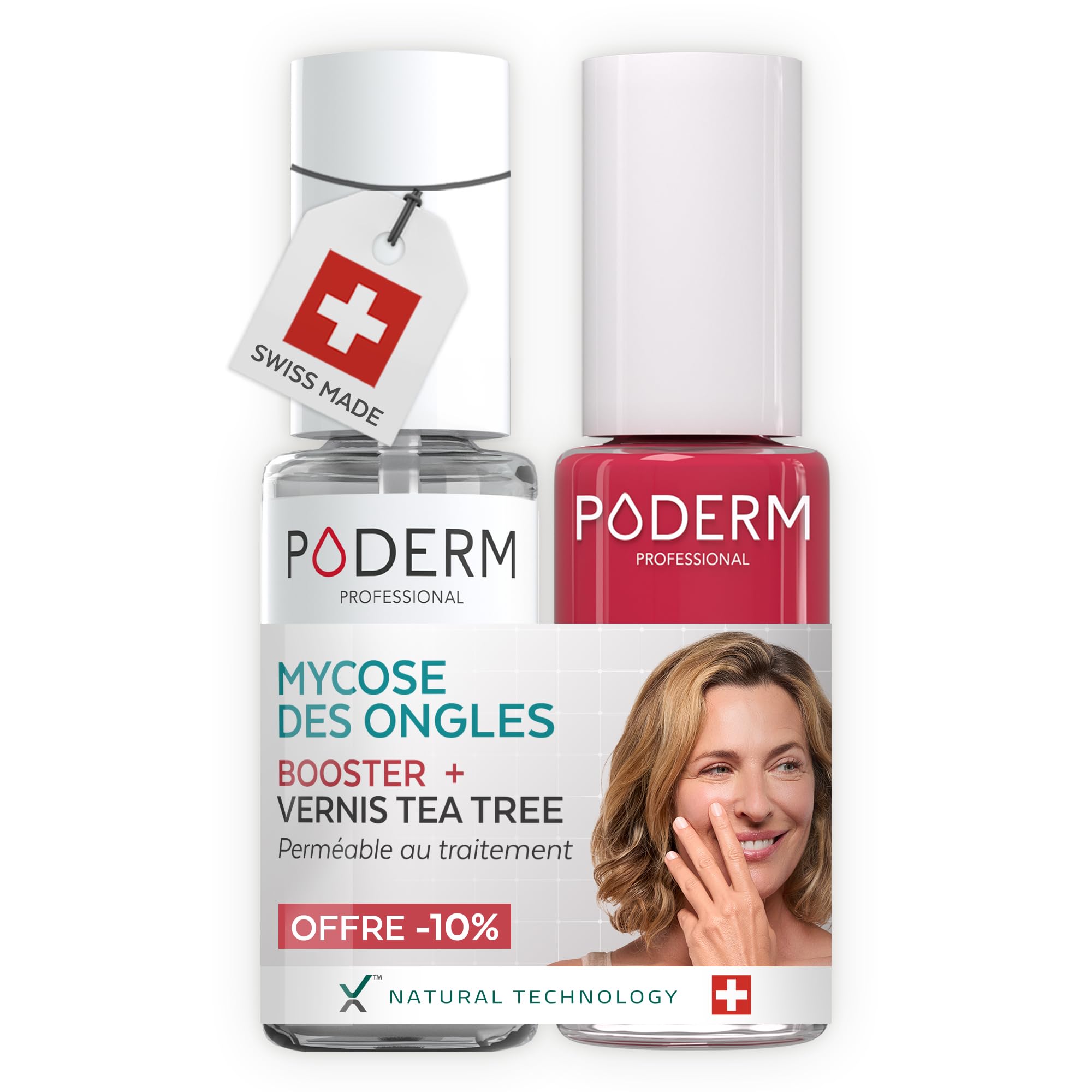 PODERM Mycose Ongles Booster + Vernis à Ongles Rouge Rose | Accélère la guérison des mycoses | Renforce, Répare et camoufle les ongles jaunes et abîmés | Créé par un podologue – Swiss Made