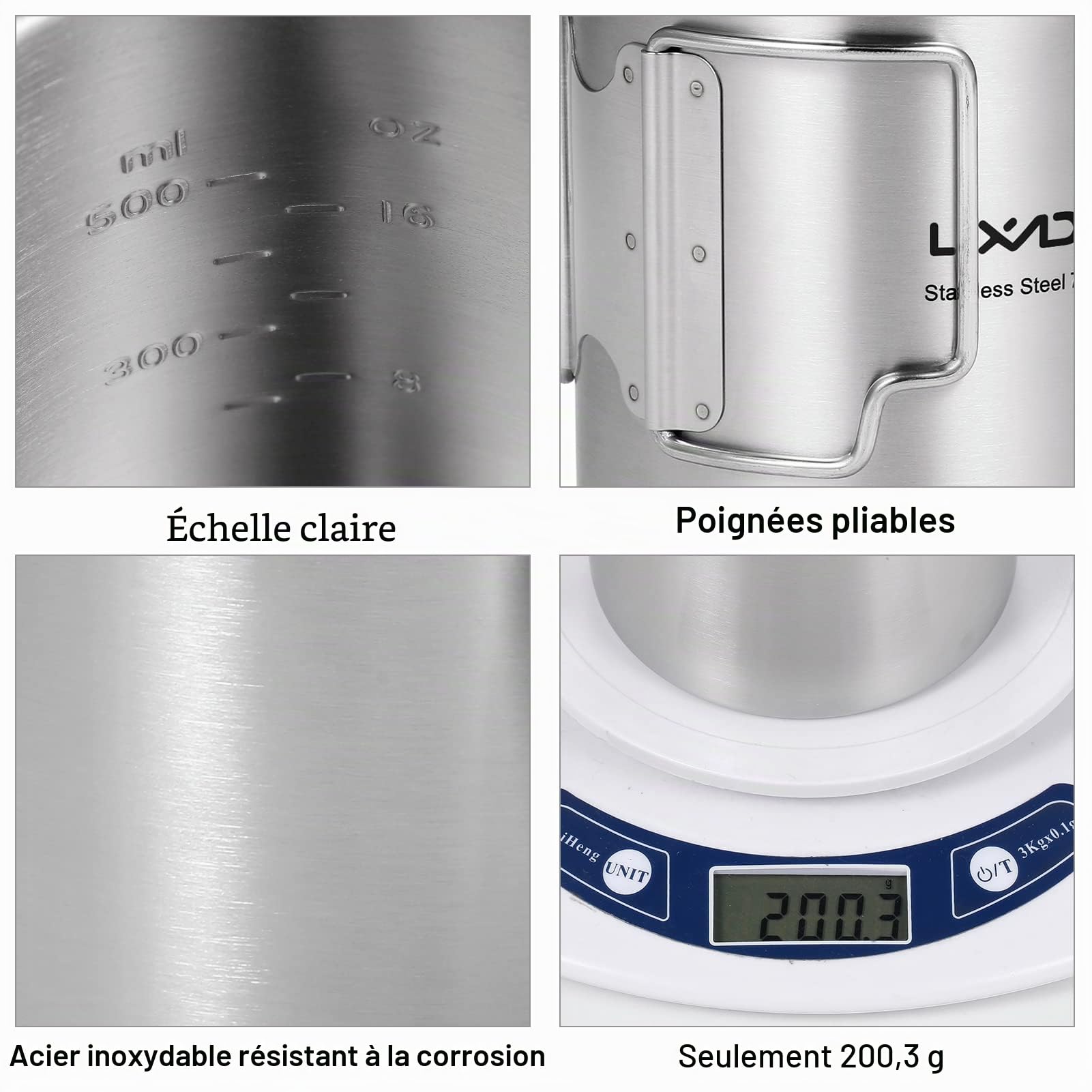 Lixada Tasse Camping Pot Ultralight à Piston Inoxydable avec Couvercle et Poignée Pliable pour Camping en Plein Air Randonnée Pédestre