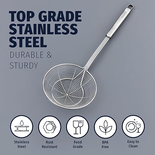 Miniatura 5 de Zulay Kitchen Colador de acero inoxidable de 15.4 pulgadas  Cuchara de malla de alambre en espiral con mango largo  Cucharas ranuradas reforzadas de