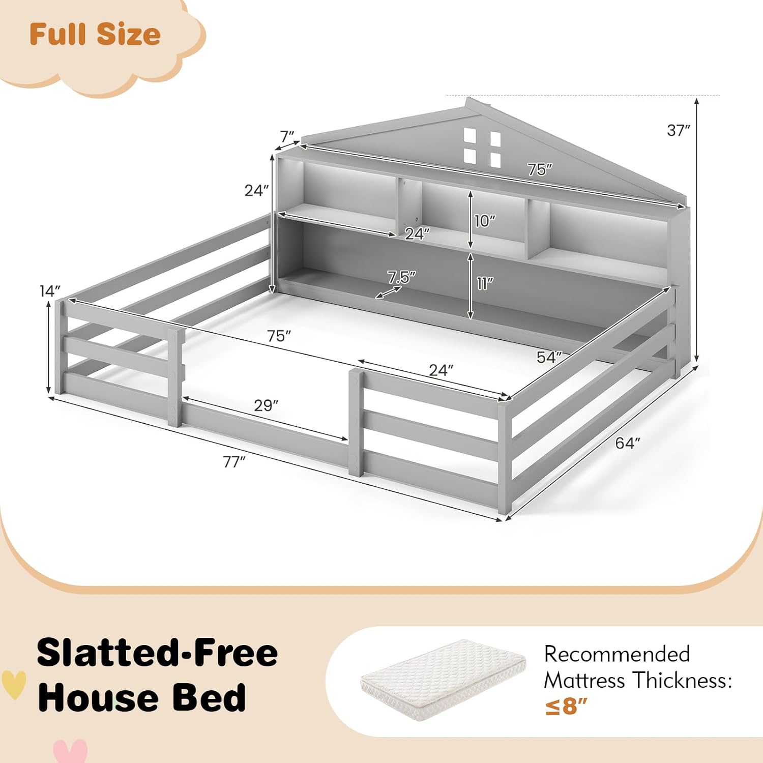 Dimensions of the Giantex Full Size Montessori Floor Bed