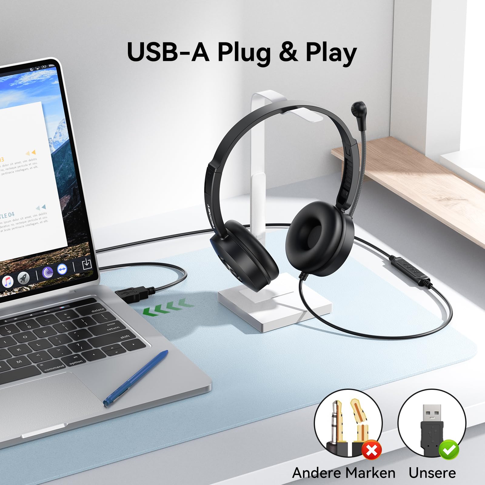 TECKNET Headset mit Mikrofon, USB Headset, kabelgebundenes PC-Headset, 2,0 m langes Kabel, Stereo-Kopfhörer für Skype, Teams-Meetings, Call-Center, Büroanrufe und Online-Konferenzen
