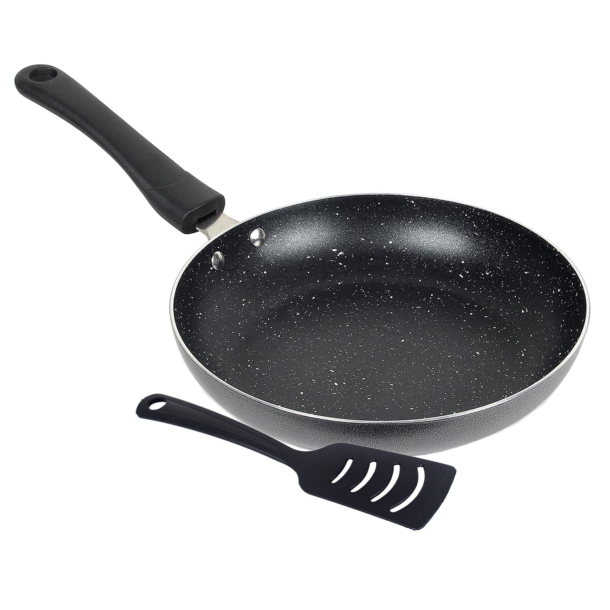 Colourtales Nonstick Coating Gas Compatible Aluminium Tapper Fry Pan PFOA Free for Oil Free Healthy Cooking with Food Grade Spatula - Black (Size 240 mm / 2.6 mm Thick)