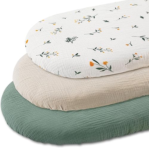 Vista 9 de Gllquen Baby Sábanas de Muselina para Moisés Paquete de 3, Sábanas Ajustadas de Algodón Transpirables Elásticas y Acogedoras para Colchón de Moisés