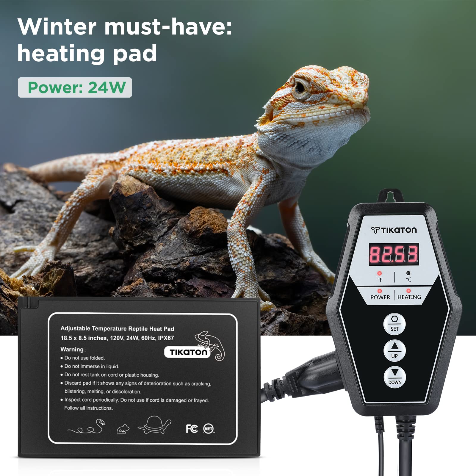 Tikaton Reptilien Heizkissen Kombi Set mit Digitalthermostat Tank Heizung für Tank 10-20 gal/30-40 gal Heizmatte Terrarium Schildkröte