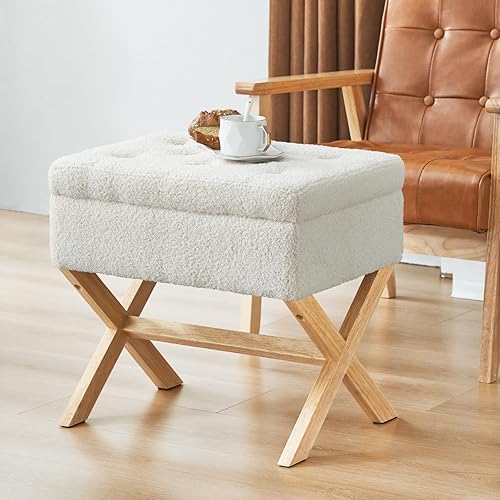 Miniatura 8 de Otomana de almacenamiento, taburete tapizado con patas en X de madera, taburete de mediados de siglo para tocador, otomana para dormitorio, sala de