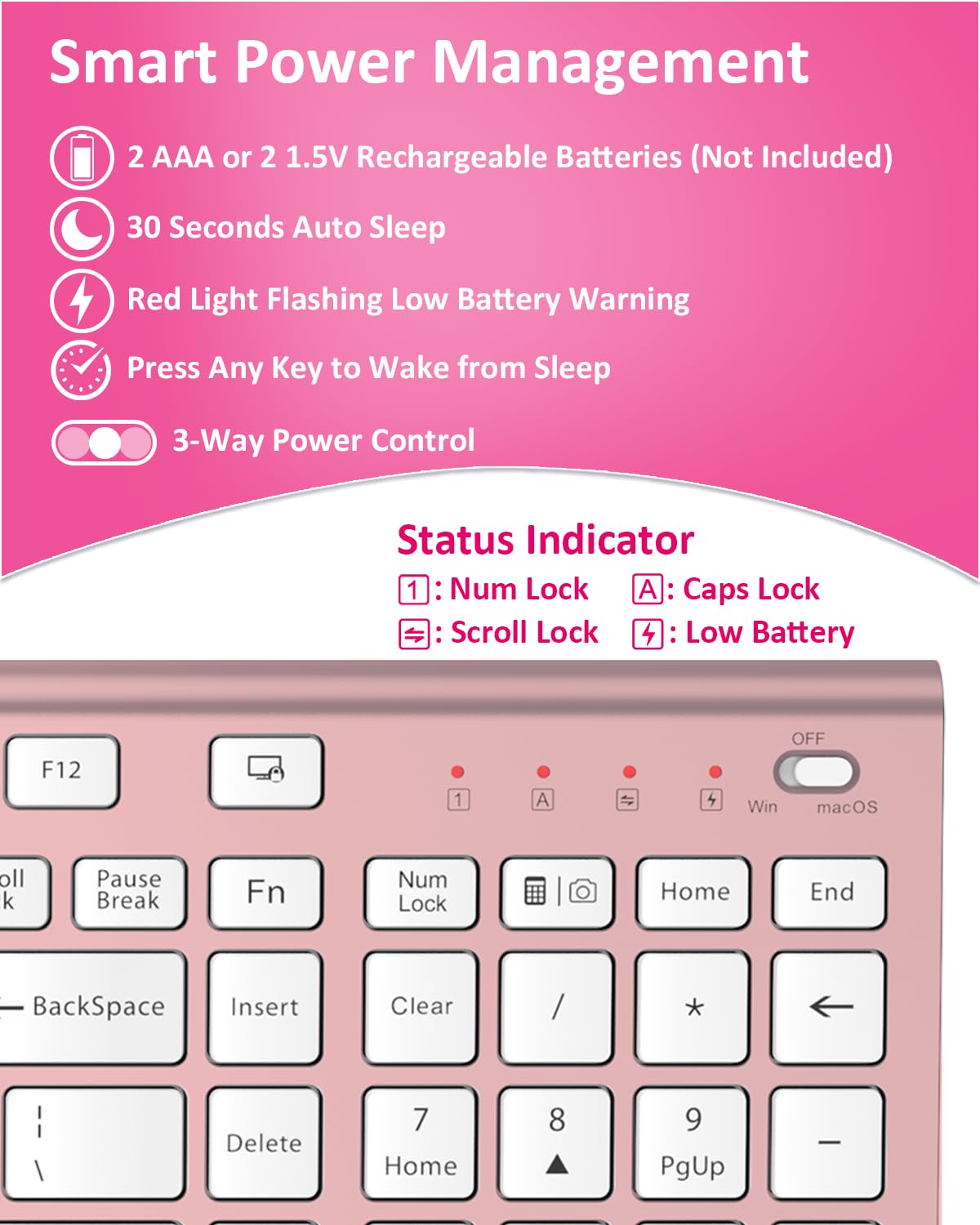 FENIFOX Wireless Silent Keyboard, Ultra Quiet USB C Low Profile Compact Full Size with Number Pad Flat Slim Thin Soft Touch for Mac Computer MacBook iMac PC Laptop Desktop Office (Pink Rose Gold) — view 7