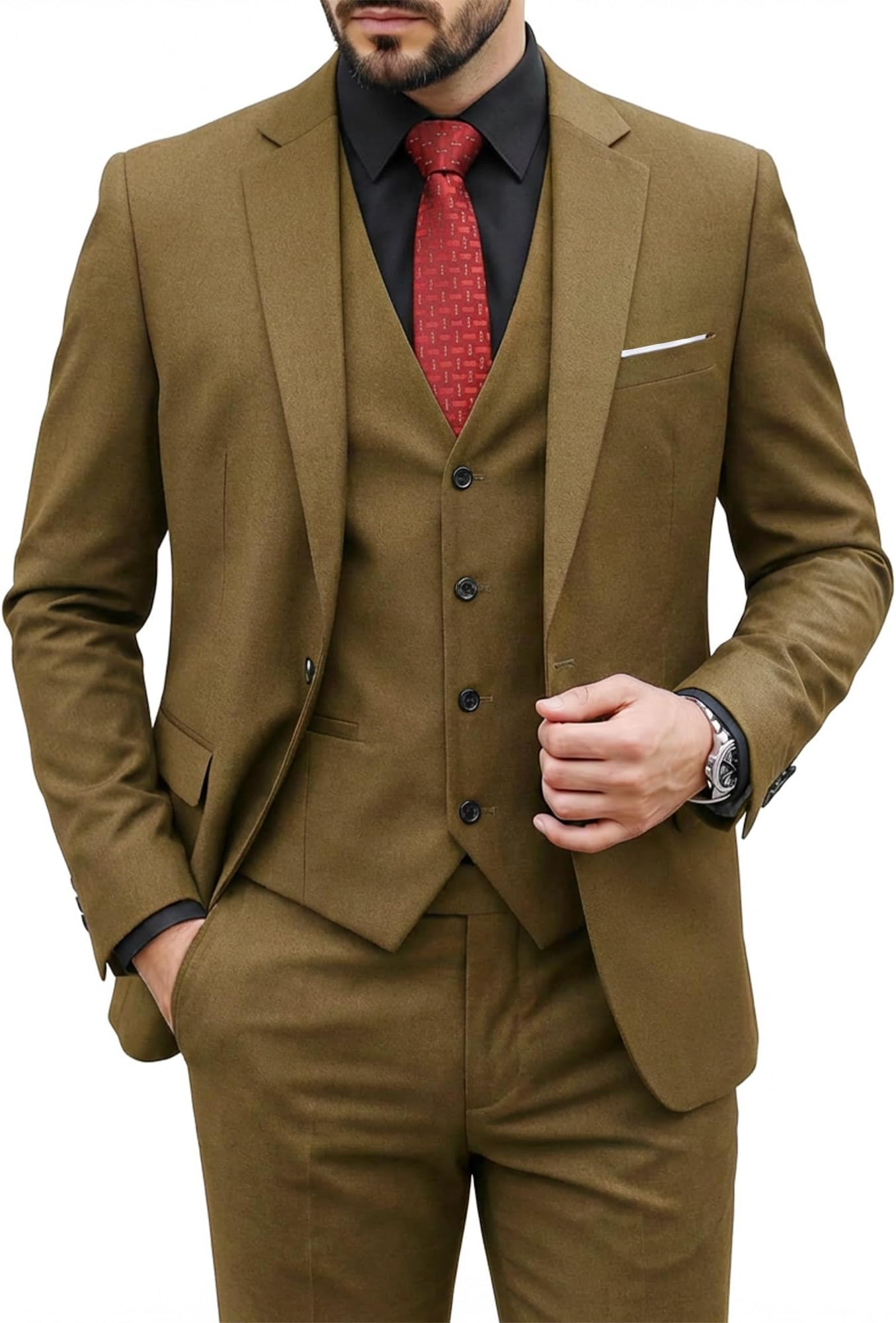 MY'S Men's 3 Piece Suit Set with Tie, One Button Slim Fit Solid Jacket Vest Pants, Prom Party Wedding Business Suits for Men