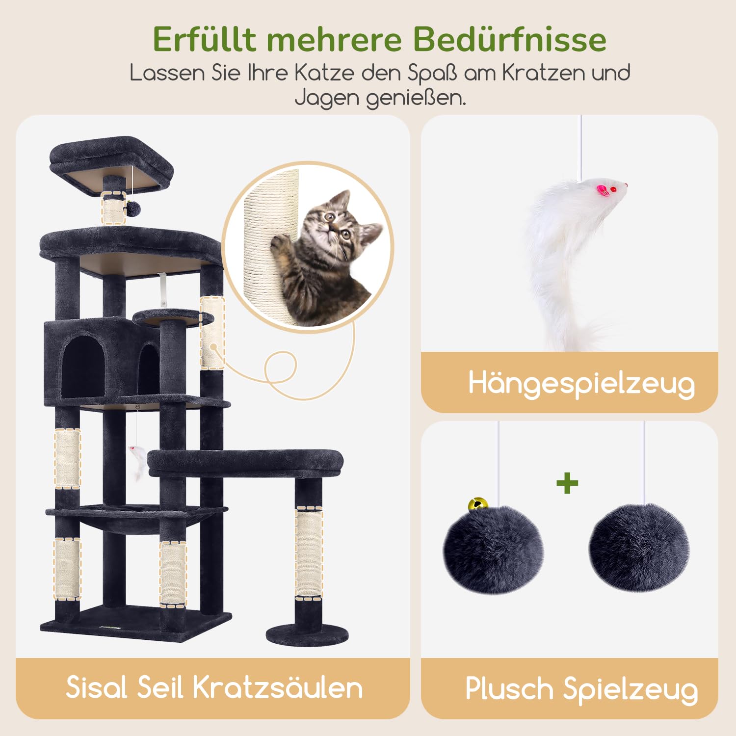 Globlazer Kratzbaum für Große Katzen 165 cm mit 2 Große Gepolsterte Plattform 48*42CM, Extragroß Hängematte, Katzenhaus, Sitzstangen, Stabil Katzenbaum mit Stützen für Schwere Katzen (S65, Dunkelgrau)
