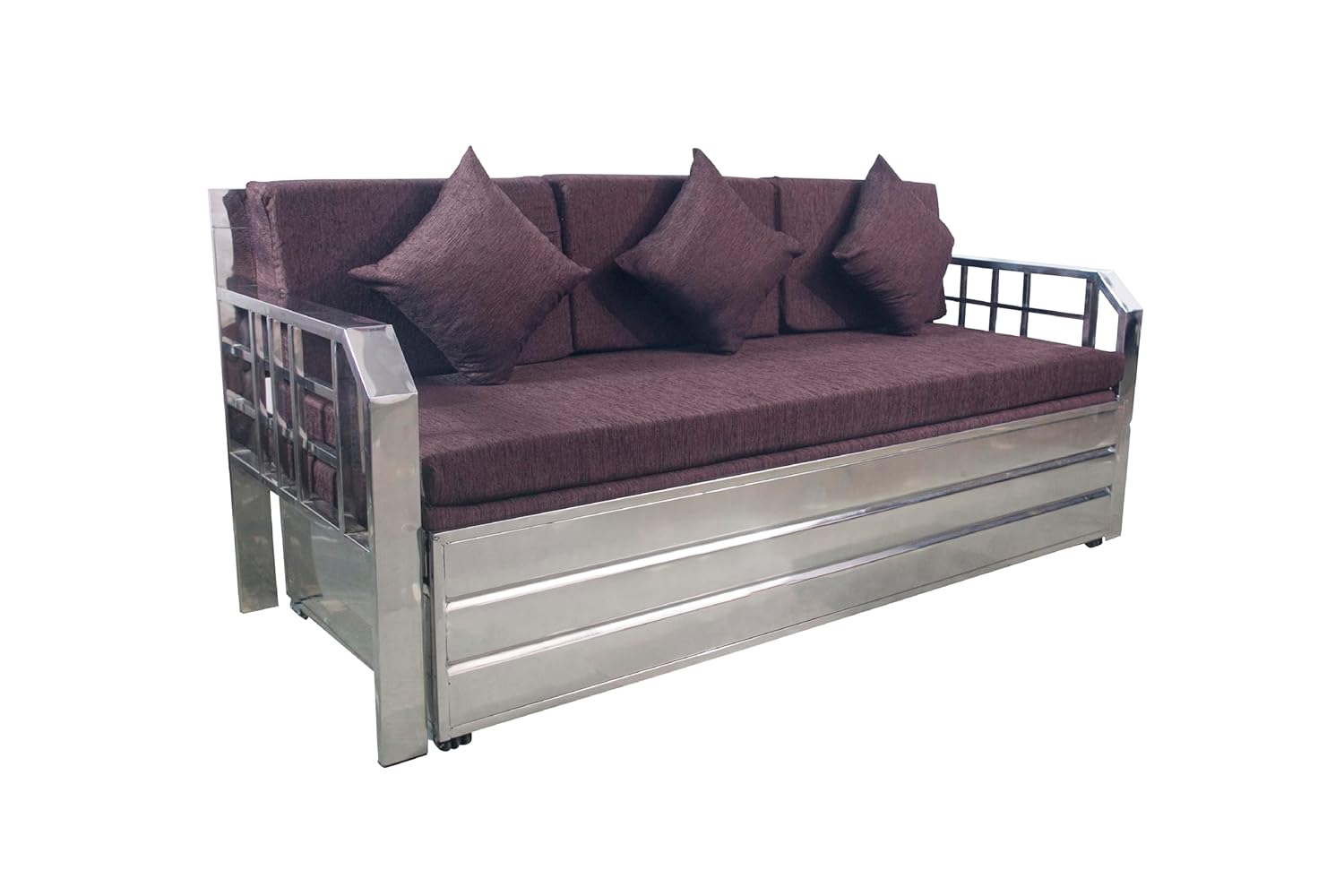 Shree ASHAPURA Steel Furniture Steel Sofa Cum Bed with Hydraulic Storage – Silver Color (Stainless Stee Finish) :Mattres Colour -Brown (Single (6 x 4)) Shree ASHAPURA Steel Furniture Steel Sofa Cum Bed with Hydraulic Storage – Silver Color (Stainless Stee Finish) :Mattres Colour -Brown (Single (6 x 4))
