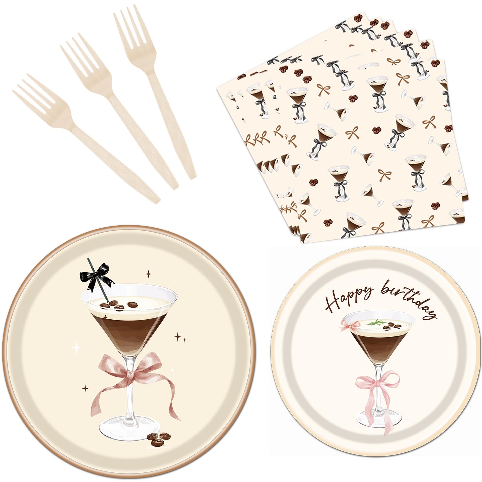 Yoyuspy Espresso Martini Birthday Decor - 96PCS Espresso Martini Birthday Tableware Decorations Paper Plates and Napkins Forks Decoration Martini Bar Themed Supplies for Martinis Bachelorette