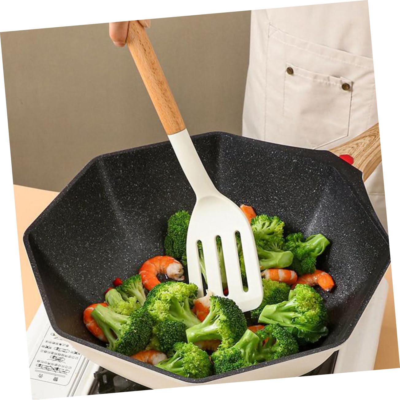 Set di Utensili da Cucina in Silicone Antiaderente Manico in Legno