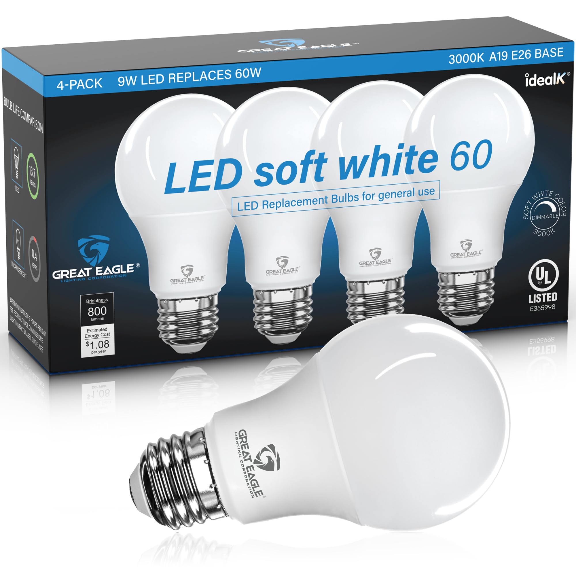 Great Eagle Lighting Corporation LED Light Bulbs 60W Equivalent, 9W, 800 Lumens, 3000K Soft White, Dimmable, UL Listed, Shatter Resistant, E26 Base, No Flicker, Instant On, 4-Pack