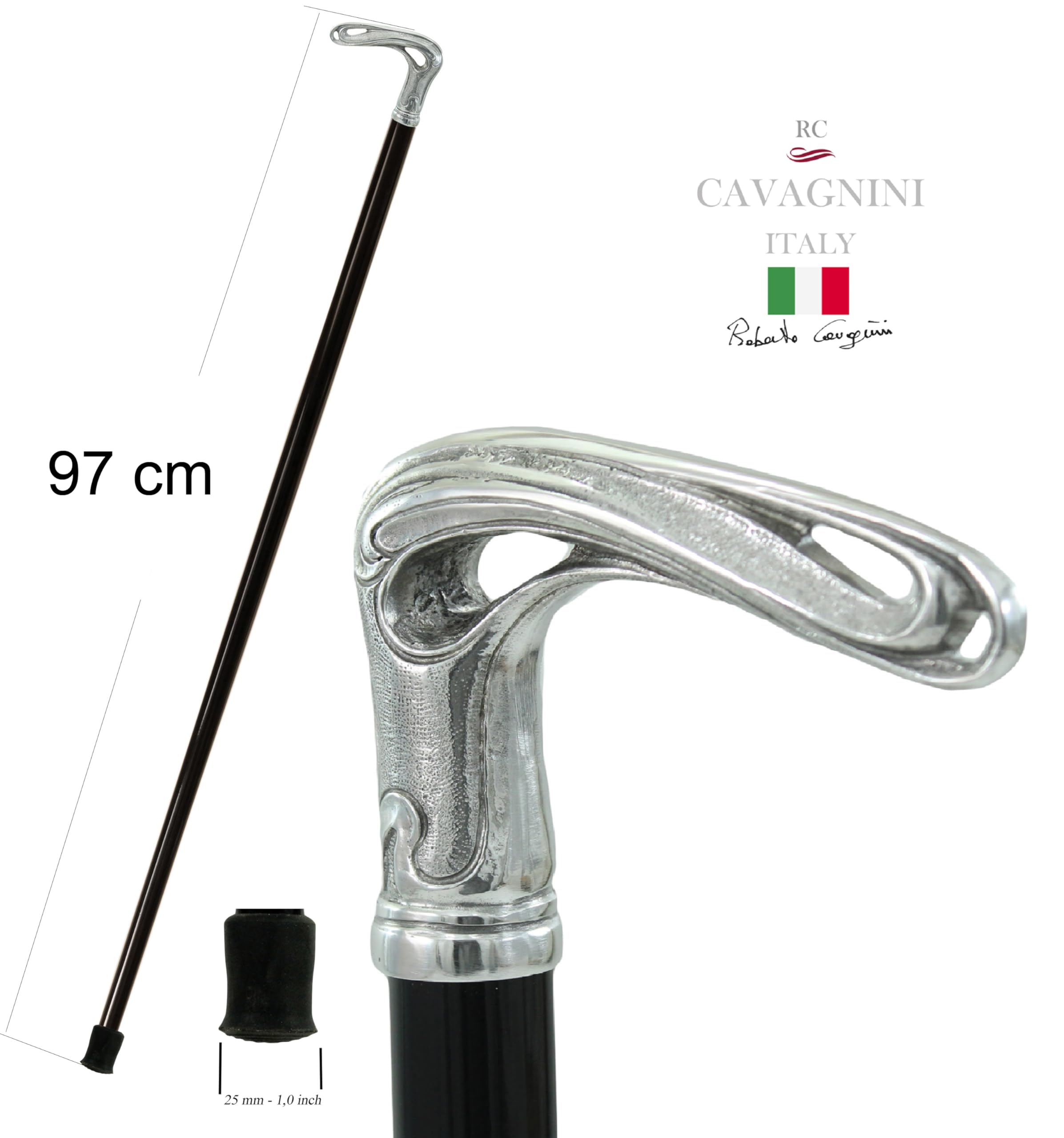 Bastón de paseo hecho a mano en Italia, 97 cm de longitud, ajustable, mango de peltre y madera de haya, color negro, ideal para hombres, mujeres, ancianos