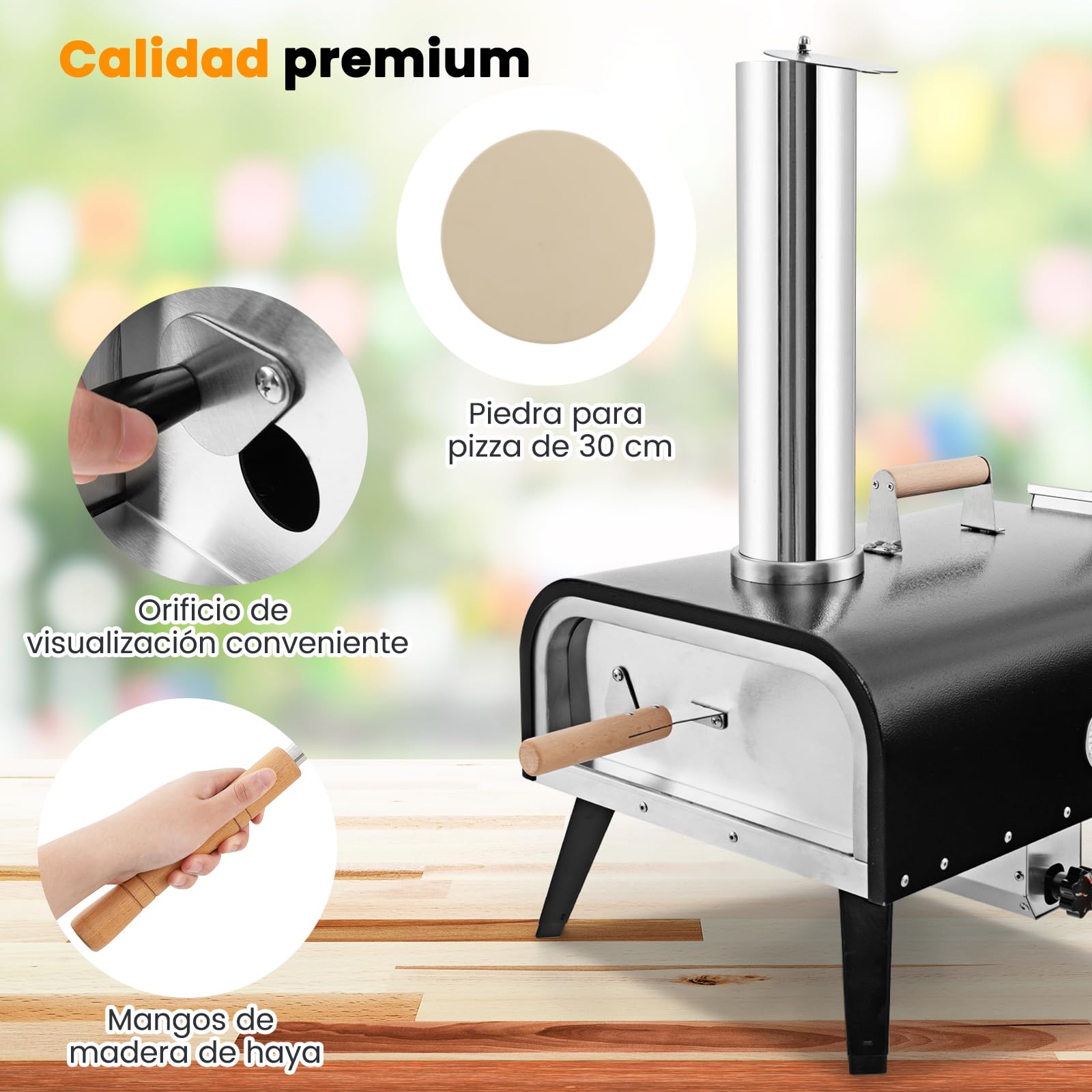COSTWAY Horno Pizza, Horno Pizza Leña y Carbón, Piedra para Pizza de 30 cm, Inoxidable de 3 Capas con Termómetro, Pala para Pizza y Bolsa de Transporte