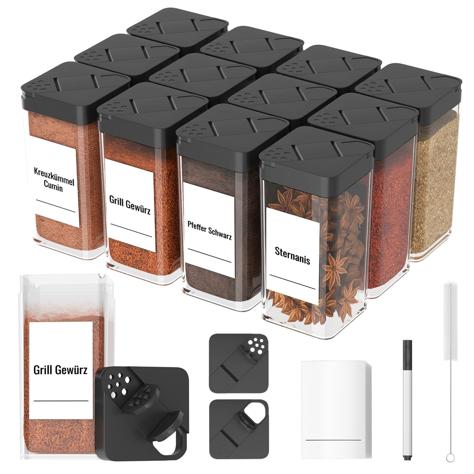 Homhut Gewürzgläser Eckig Set Mit Deckel [12x 120ml], Stabiler Plastik Gewürzstreuer Luftdichte, Gewürzdosen Mit Streueinsatz, Spice Jars Mit 36 Etiketten, Gewürz Organizer Schwarz