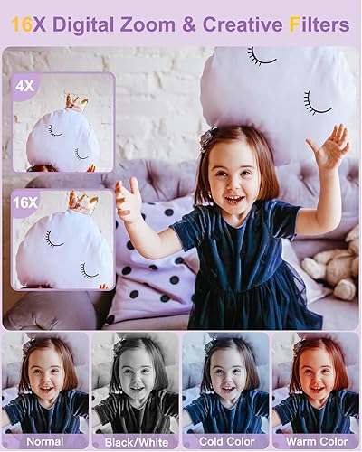 Miniatura 7 de Cámara digital, FHD 1080P para niños con cordón para el cuello, tarjeta de 32 GB, zoom digital antivibraciones 16X, cámaras de disparo de punto de