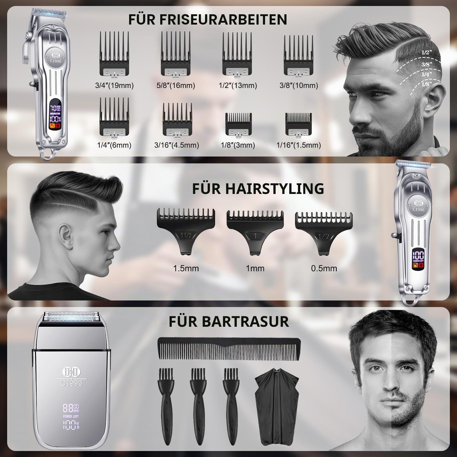 CIICII Haarschneidemaschine Profi und Trimmer Herren Set, Kabellos Haarschneider für Haar (Rasierer Elektrisch & Bartschneider Kit) Haartrimmer Herren für DIY Haar Bart Hause Friseur