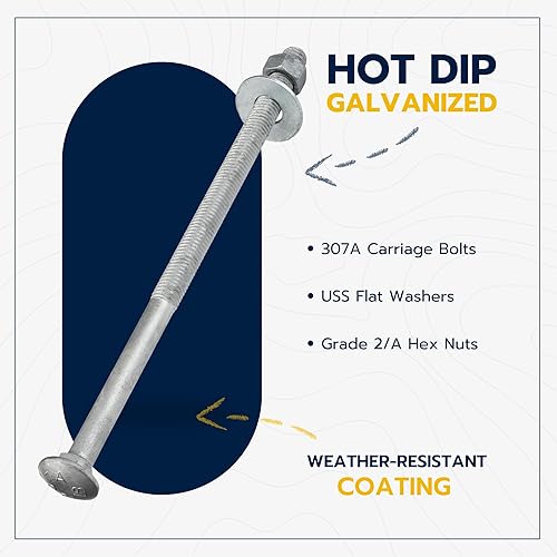 Vista 3 de Kit de pernos de carro galvanizado de 1/2 x 10 pulgadas (25 unidades), grado 307A, incluye arandelas planas USS de 1/2 pulgada (25 piezas) y tuercas