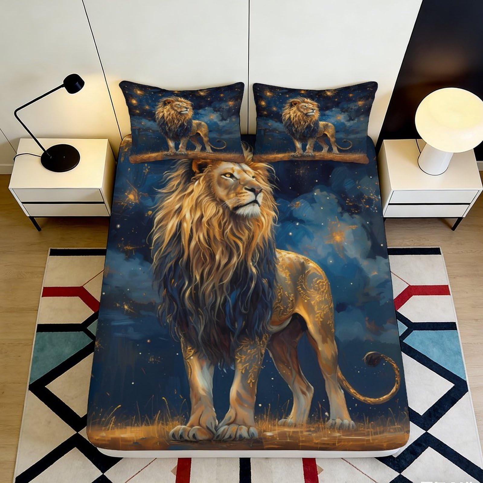 3D Printed Majestic Lion Fitted Sheet Microfiber Anti-Slip Night Safari Mattress Cover Bedroom Decor Easy Care 90x200x25cm