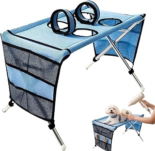 2026 Upgrade 2-in-1 Foldable Pet Grooming Bed & Dog Bath Stand, Portable Dog Grooming Hammock with Quick-Dry Mesh, Secure Pet Bathing Station for Small Dogs Nail Trimming (Blue)