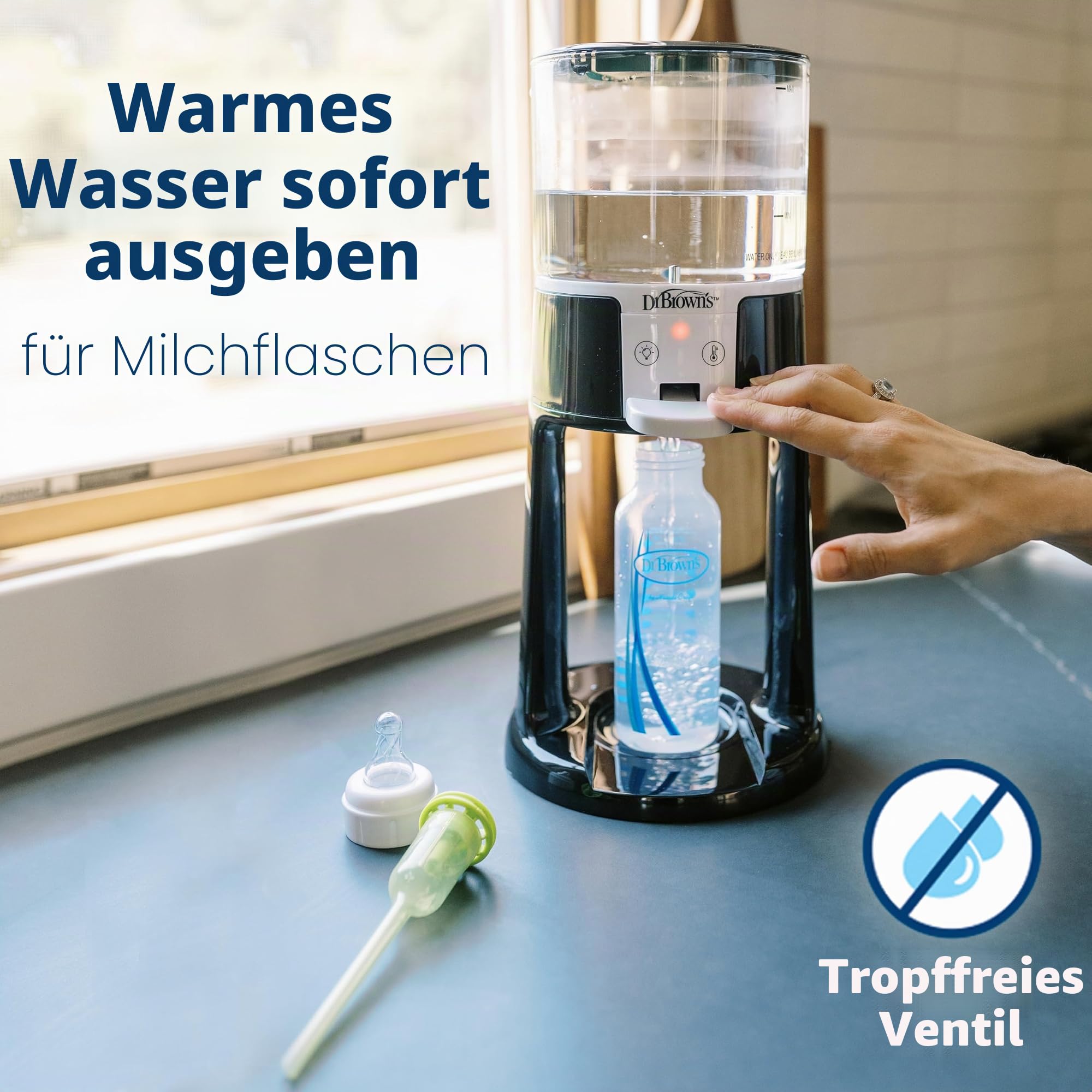 Dr. Brown's Insta-Prep Warmwasserspender zur sofortigen Vorbereitung der Babyflasche mit großem Fassungsvermögen und 3 Temperatureinstellungen, Schwarz