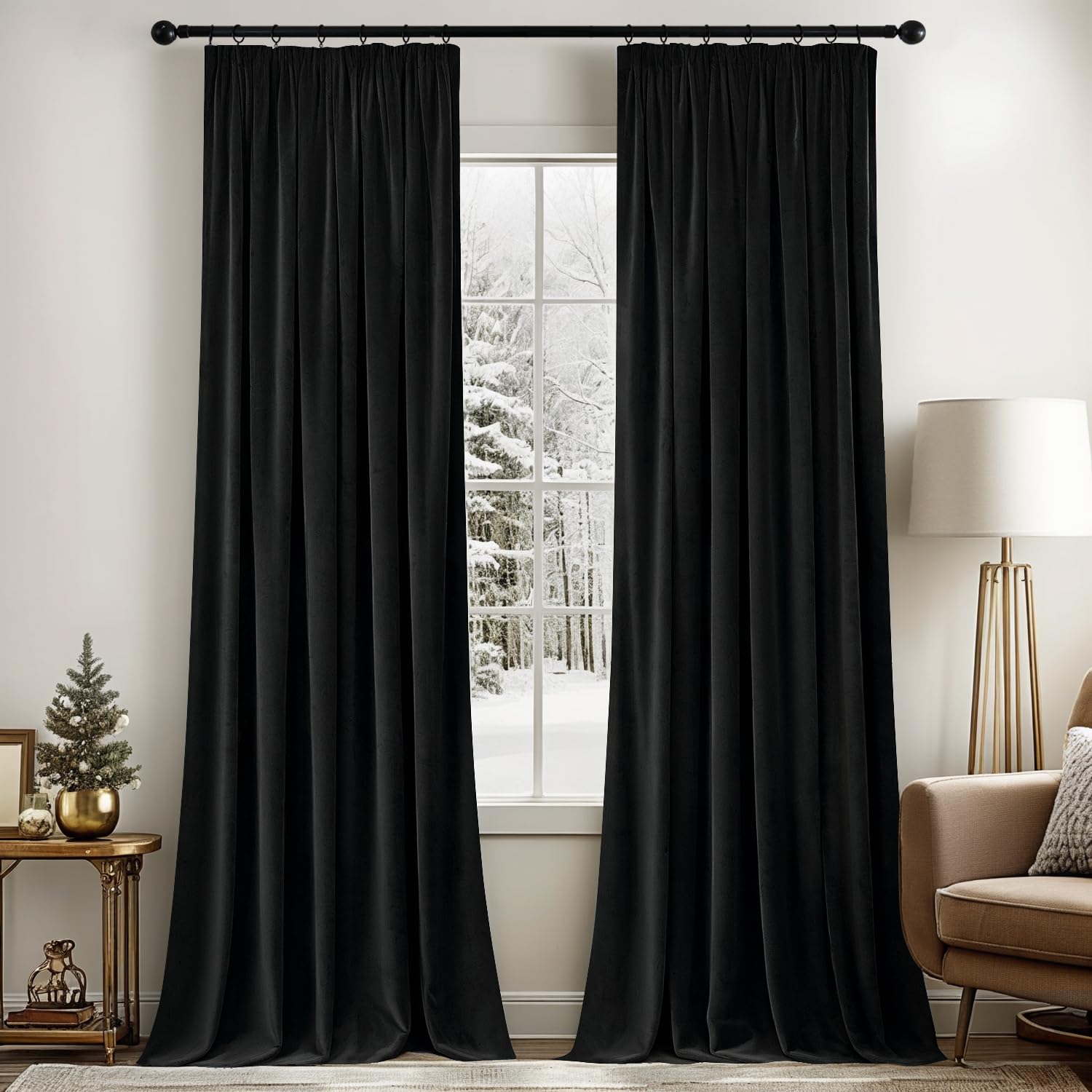 MIULEE Black Velvet Pencil Pleat Darkening Curtains for Bedroom 2 Panel Set, Super Soft Luxury Home Decor Living Room, Thick Room Darkening Curtains 90 Drop, Each 90 x 90 Inche โ image 1