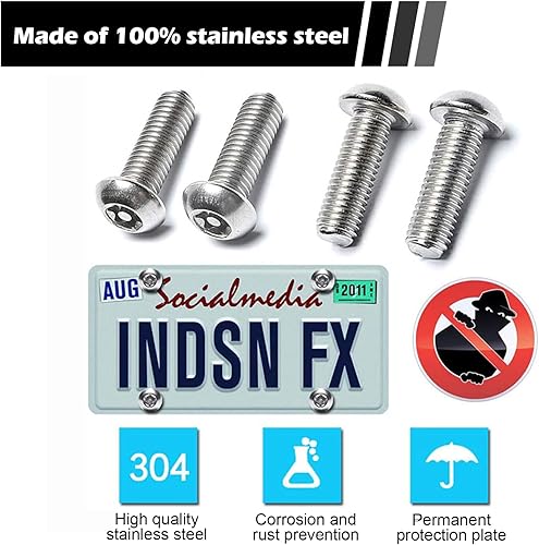 Miniatura 4 de GKmow Juego de 4 tornillos antirrobo para placa de matrícula, pernos inoxidables M3M4 SS, tornillos universales Torx de seguridad, resistentes a