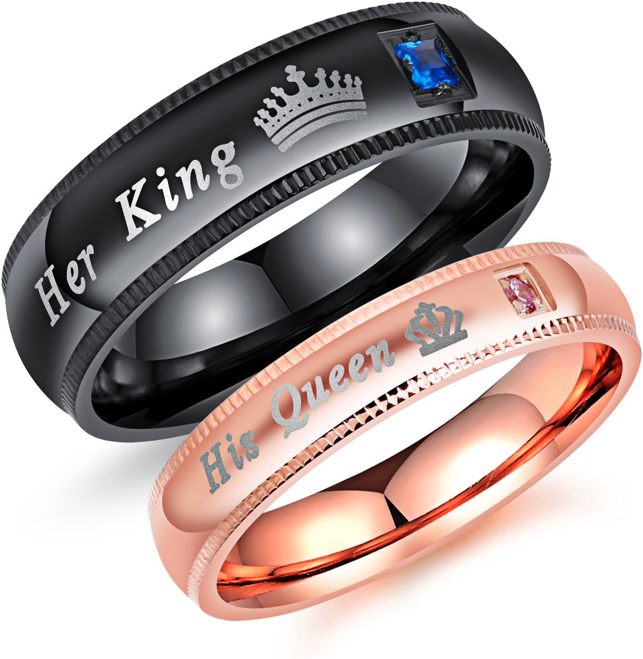 2pcs Black & Rose Gold Plated Stainless Steel Couple Rings With Cubic Zirconia Wedding Band For Men Women