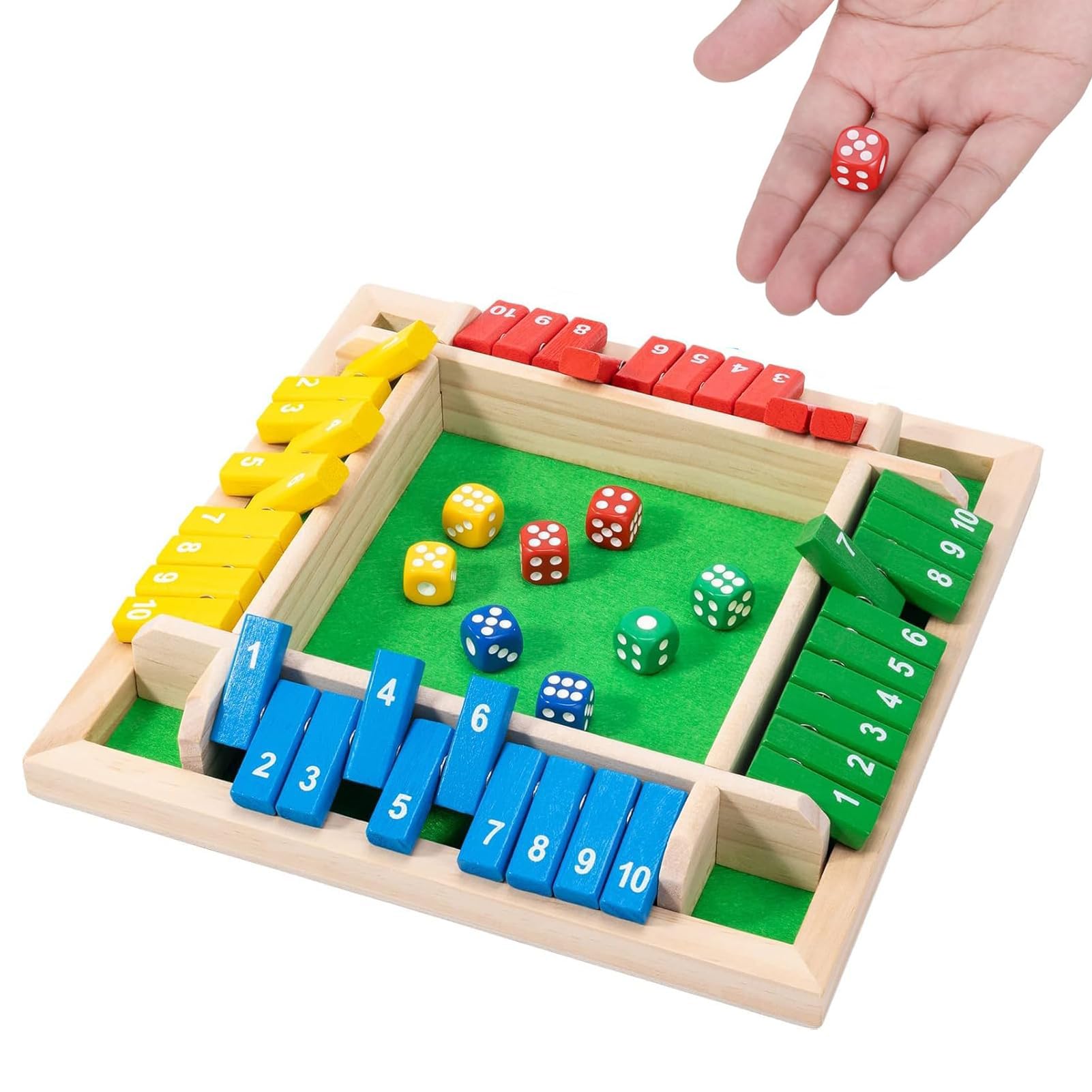 Jidyllic Colorful Shut The Box Game 4 Player,4-Sides Flipping Maths Games Wooden Board Game Table Game Classic Shut The Box Educational Dice Game For Family Kids (Colorful)