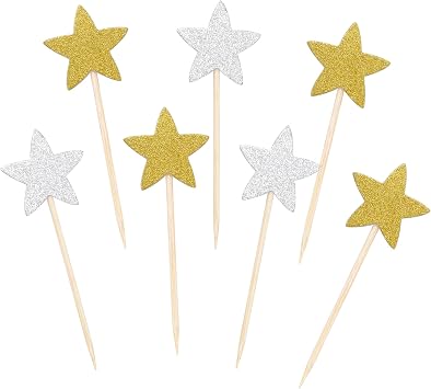 Pistha 50 Pcs Star Cupcake Toppers Glitter Twinkle Star Cupcake Picks for Wedding Baby Shower Birthday PartyGold,Silver