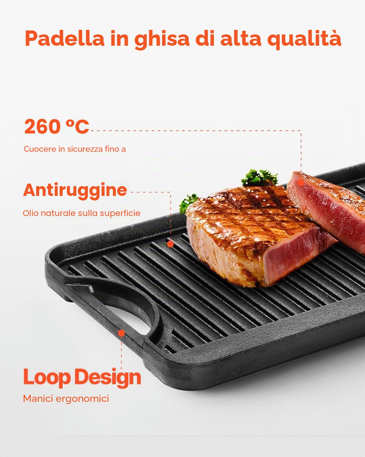 VEVOR Piastra per Cucina in Ghisa Reversibile 492 x 218 mm, Padella Rettangolare Portatile con Manico, Pentolame per Piano Cottura Peso ca. 6 kg Piastra per Cottura Barbecue Materiale in Ghisa