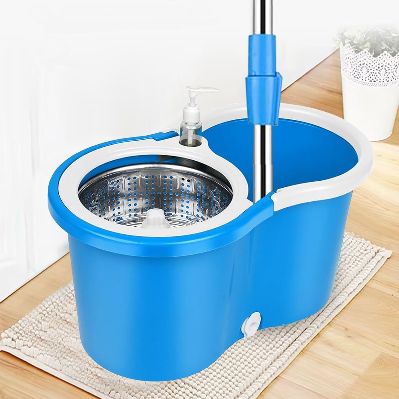 Juego de fregona giratoria y cubo con escurridor, juego de fregona de 360° y cubo para limpieza de suelos, mango extendido ajustable de acero inoxidable de 61 pulgadas con 3 recambios de fregona de