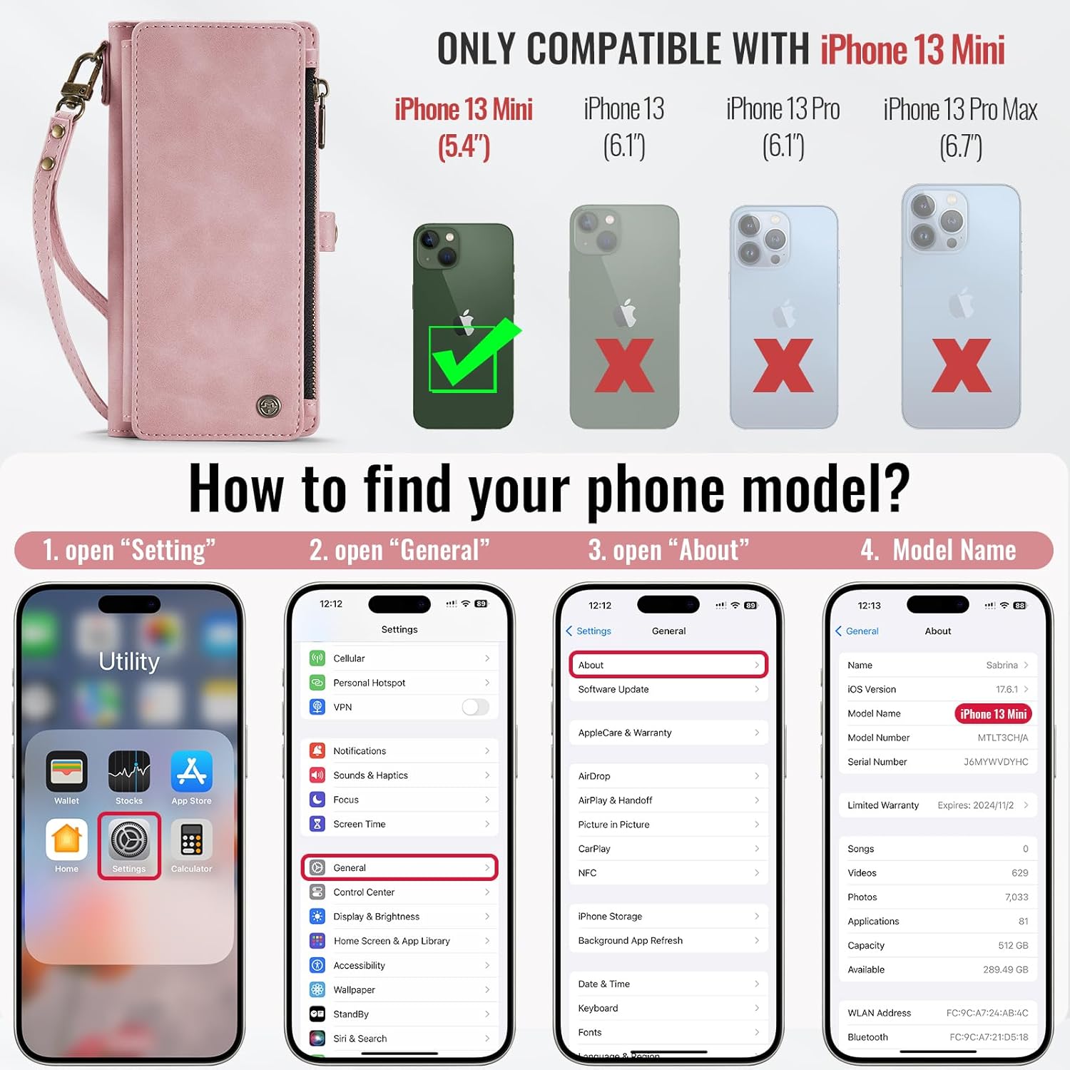 Defencase Compatible with iPhone 13 Mini Case Wallet with RFID Blocking Card Holder for Women Men, PU Leather Magnetic Snap Flip Zipper Strap Wallet Phone Case Fit for iPhone 13 Mini 5.4", Rose Pink