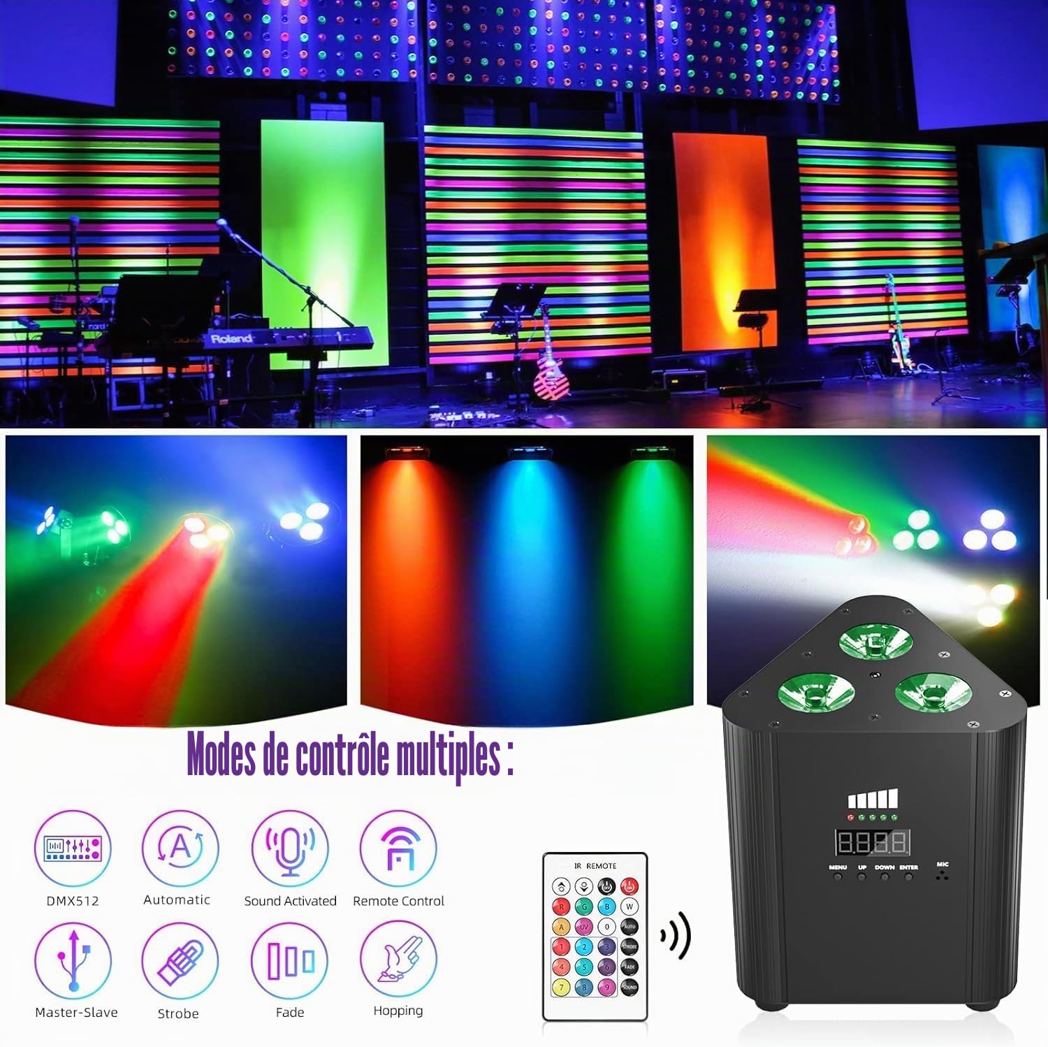 4PCS RGBW Projecteur LED Par avec Sac et télécommande DMX rechargeable batterie 4400 mAh éclairage de scène sans fil avec indicateur de charge Lumière DJ pour fête Noël disco mariage