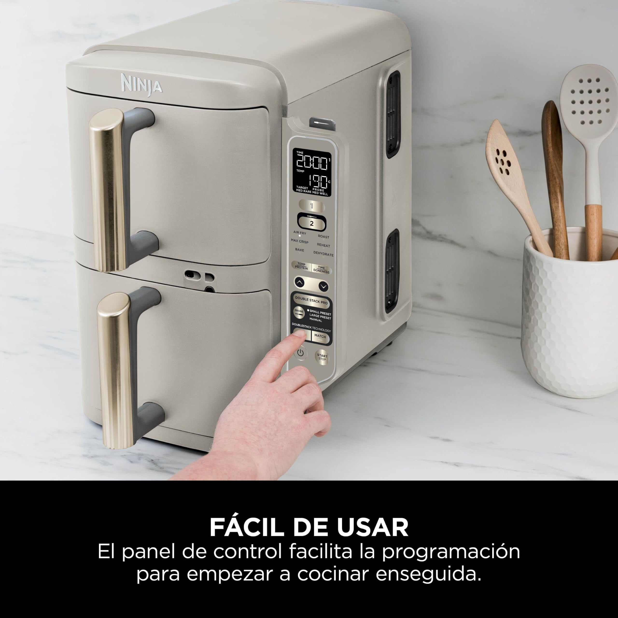 Ninja Double Stack XL, Freidora de Aire, 9,5L, Piedra Dorada, SL451EUSD | Freidora de Aire Vertical de Doble Cajón, 4 Niveles de Cocción, 2 Rejillas, con Sensor Digital de Cocción